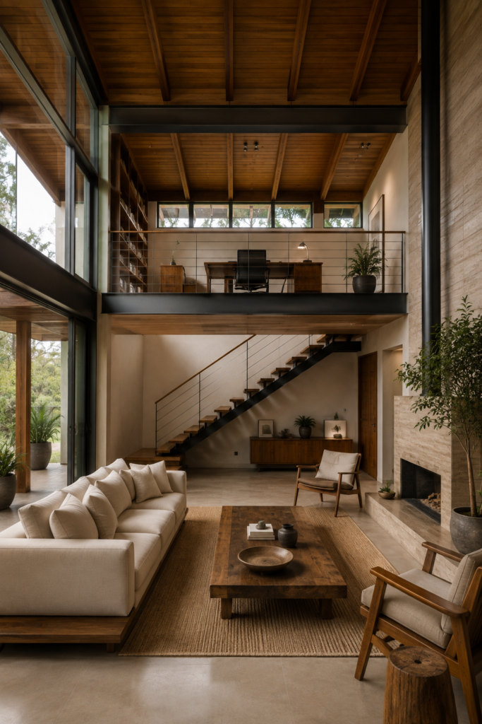 Fotografia do interior de uma casa moderna de conceito aberto com teto de madeira inclinado e pé-direito duplo. No nível inferior, há uma sala de estar com sofá bege, lareira de pedra e grandes janelas de vidro. Acima, um mezanino com um escritório e estantes de livros.